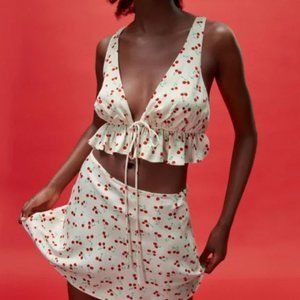 Zara Satin Cherry Print Tie Up Top